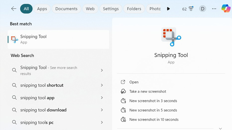 Mở Start Menu, gõ “Snipping Tool” và chọn công cụ Gõ “Snipping Tool” và chọn công cụ