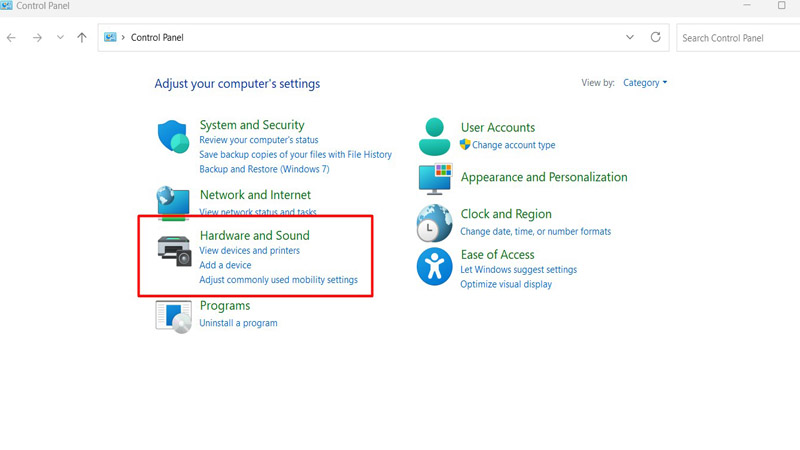 Bấm chọn vào Hardware and Sound Chọn Hardware and Sound