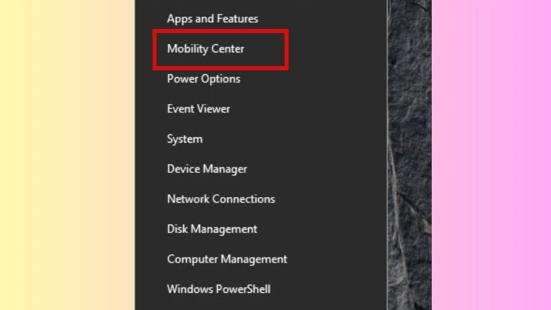 Chọn mục Mobility Center trong cửa sổ Settings Chọn mục Mobility Center