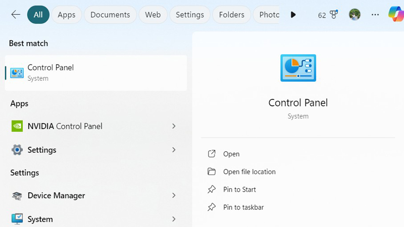 Nhập từ khóa Control Panel