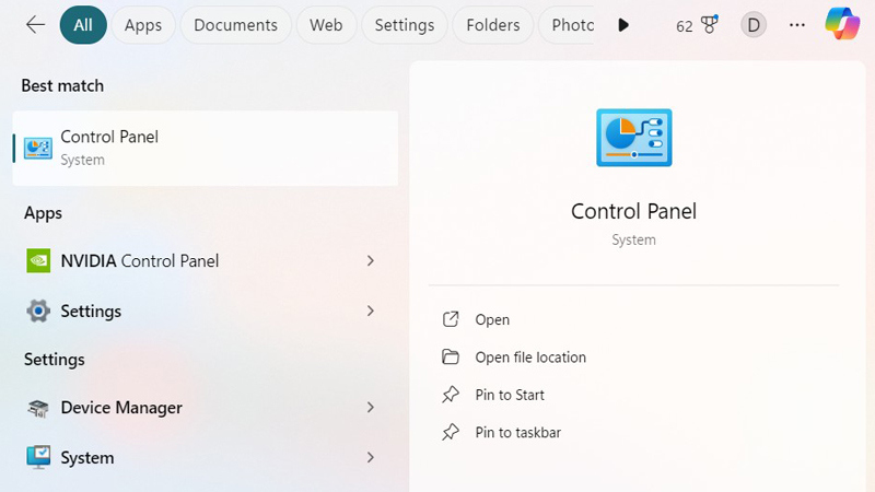 Nhập cụm từ Control Panel 