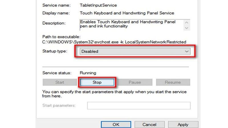 Chọn Disable trong mục Startup type