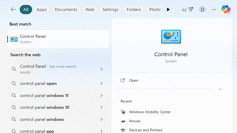 Mở thanh tìm kiếm, gõ Control Panel và mở Mở thanh tìm kiếm, gõ Control Panel