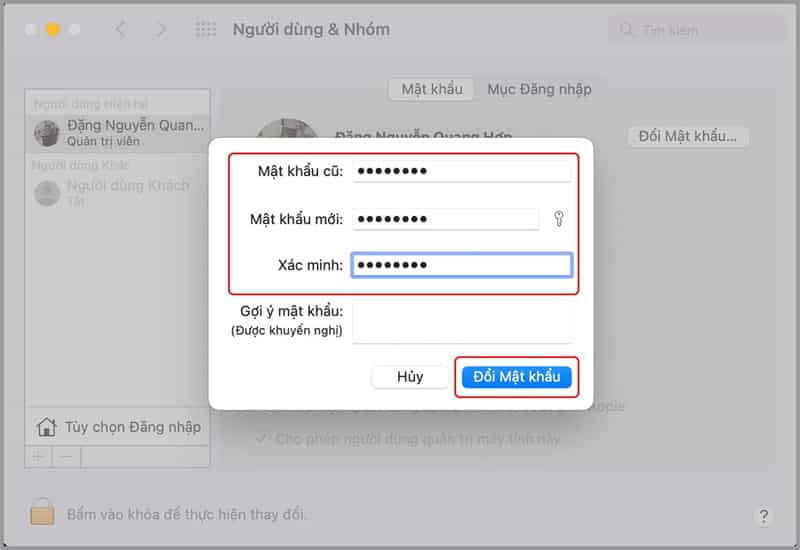 Vào Tùy chọn hệ thống → Người dùng & Nhóm → Đặt mật khẩu Nhập mật khẩu mới, xác nhận và bật khóa màn hình bảo vệ