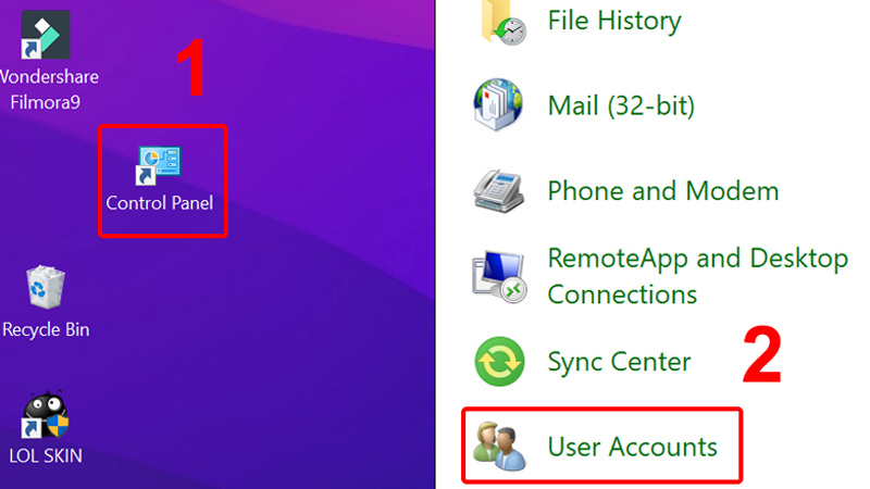 Mở Control Panel rồi nhấp chuột chọn User Accounts Mở Control Panel và chọn User Accounts