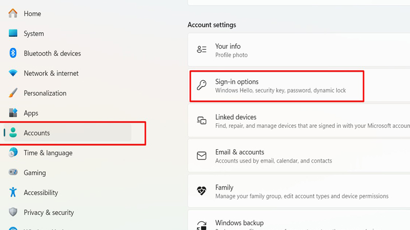 Vào mục Accounts rồi tiếp tục bấm chọn Sign-in options Vào mục Accounts bấm chọn Sign-in options