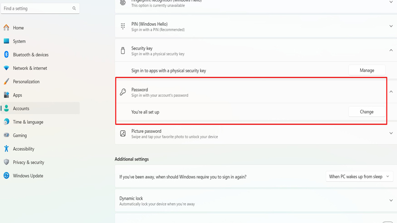 Tại mục Password nhấp chuột bấm vào Change Tại mục Password, nhấn Change