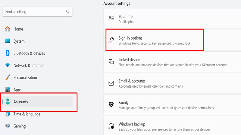 Vào mục Accounts - Sign-in options