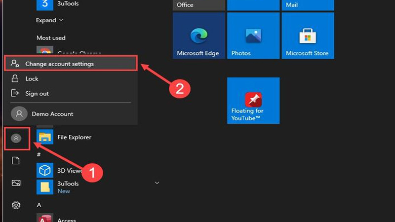 Nhấn vào Start, tìm và chọn Change account settings Chọn Change account settings