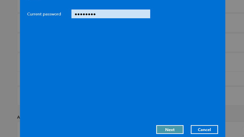 Nhập mật khẩu hiện tại rồi nhấn Next Nhập mật khẩu hiện tại, nhấn Next