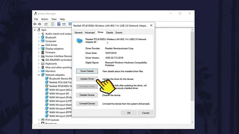 Nhấn chọn nút Update Driver trong thẻ Driver Nhấn chọn nút Update Driver