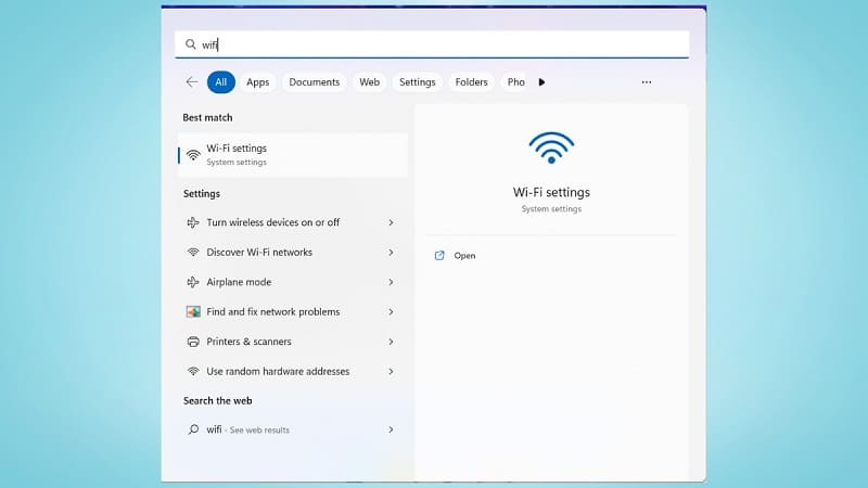 Nhấn phím Windows, gõ từ khóa “WiFi” Nhấn phím Windows, tại phần tìm kiếm gõ “WiFi”