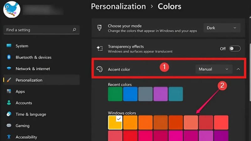 Chuyển sang chế độ Manual trong Accent color