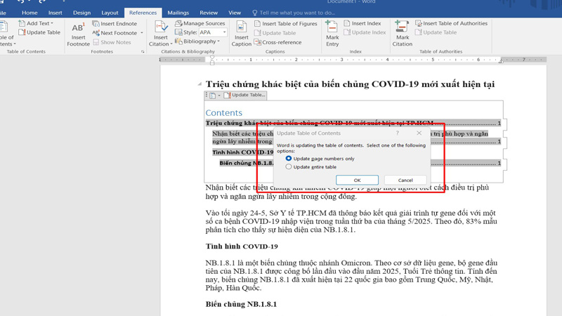 Chọn 1 trong 2 tùy chọn trong hộp thoại Update Table of Contents Chọn 1 trong 2 tùy chọn