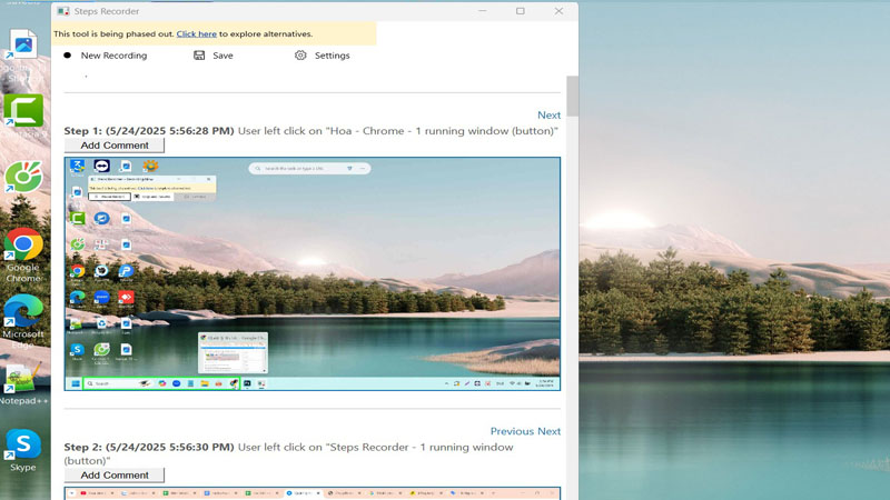 Mở cửa sổ Steps Recorder, ảnh chụp có kèm con trỏ chuột sẽ hiển thị Mở cửa sổ Steps Recorder