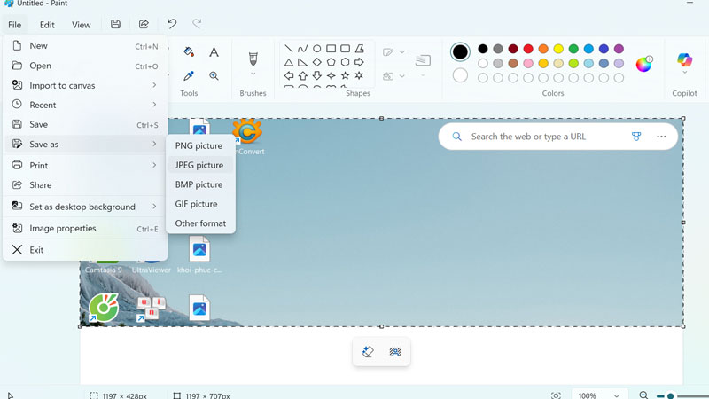 Vào File – chọn Save As chọn định dạng ảnh và chọn vị trí lưu ảnh Vào File – chọn Save As