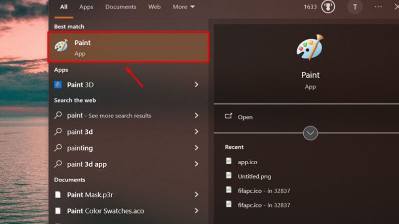 Nhập từ khóa Paint vào ô tìm kiếm trên Windows Nhập Paint