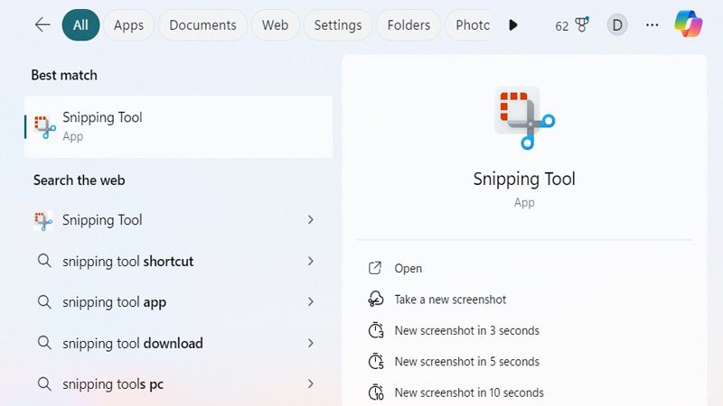 Chọn vào mục Start và nhập từ khoá “Snipping Tool” là công cụ này sẽ hiện ra Chọn vào mục Start và nhập từ khoá “Snipping Tool”