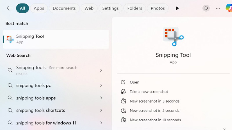 Gõ Snipping Tools trên mục tìm kiếm