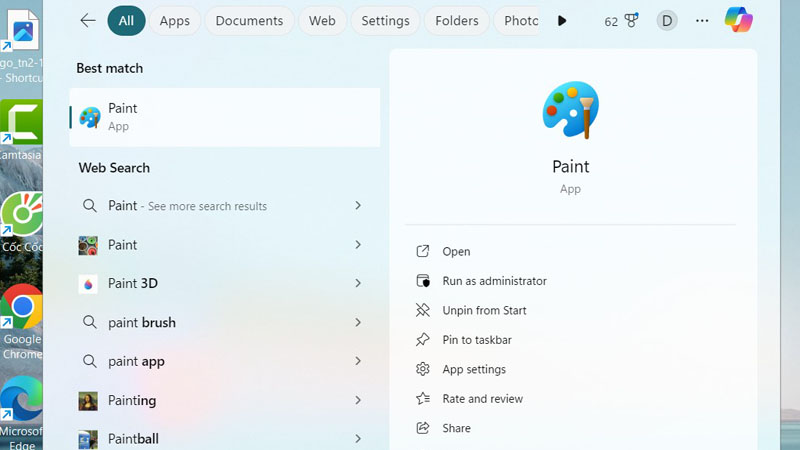 Gõ "Paint" vào ô tìm kiếm rồi nhấn nút enter Gõ "Paint"