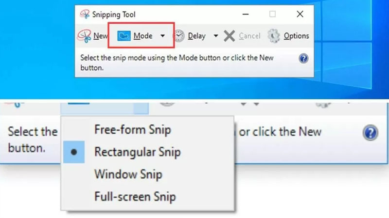 Khi sử dụng Snipping Tool nhấn chuột chọn vào Mode Nhấn chuột chọn vào Mode