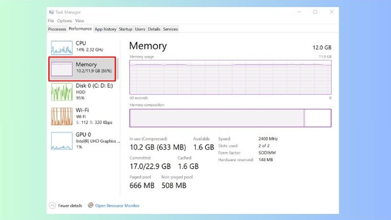 Bấm vào mục Memory để check dung lượng laptop Bấm Memory