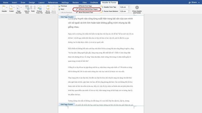 Chọn vào mục Different Odd & Even Page tại thẻ Design