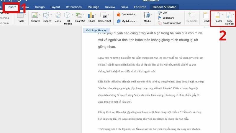Đánh số cho 1 trang lẻ và 1 trang chẵn