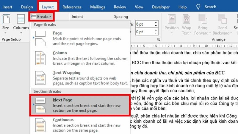 Thực hiện để ngắt tài liệu thành hai phần