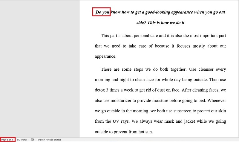 Đặt chuột vào dòng đầu tiên của trang mà bạn cần đánh số