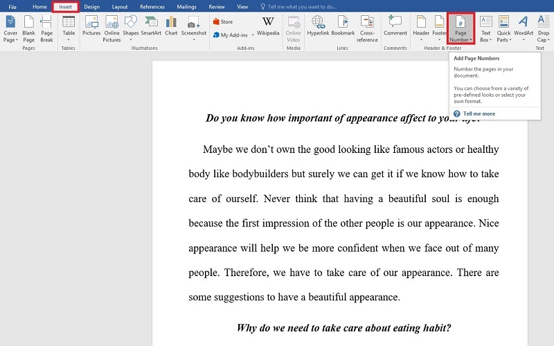 Bạn hãy tìm đến mục Header & Footer sau đó chọn Page Number