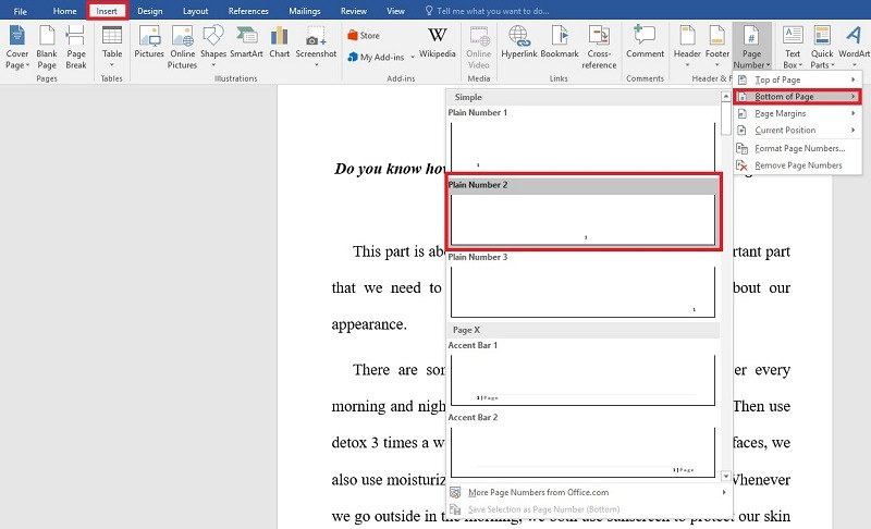 Sau đó vào Page Number để lựa chọn vị trí hiển thị