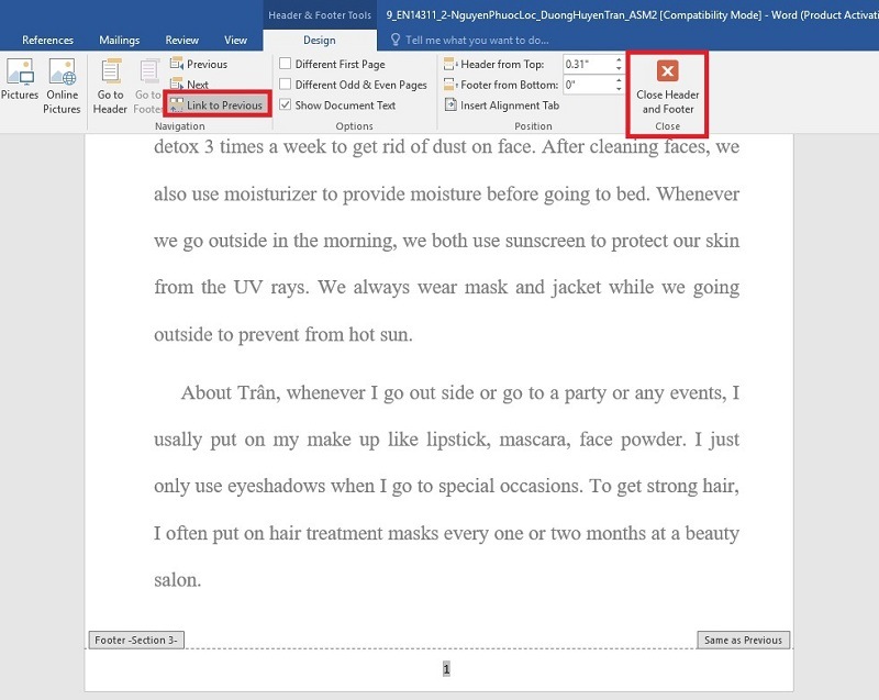 Nhấp chuột để tắt liên kết giữa 2 phần của băn bản
