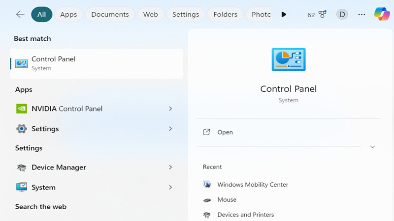 mở Control Panel ở thanh tác vụ Mở Control Panel