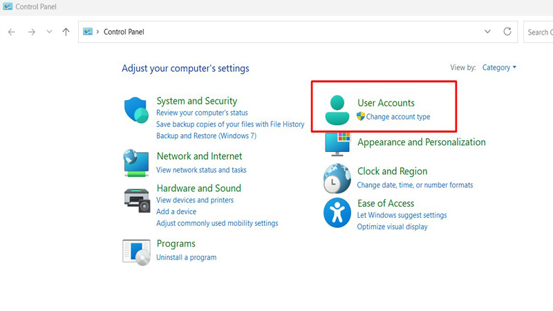 Nhấp chuột chọn phần User Accounts Chọn phần User Accounts