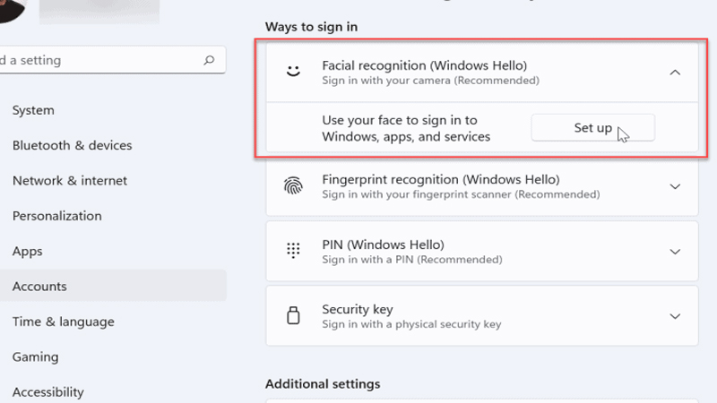 Chọn Facial recognition rồi bấm chuột nhấn Set up Chọn Facial recognition rồi nhấn Set up
