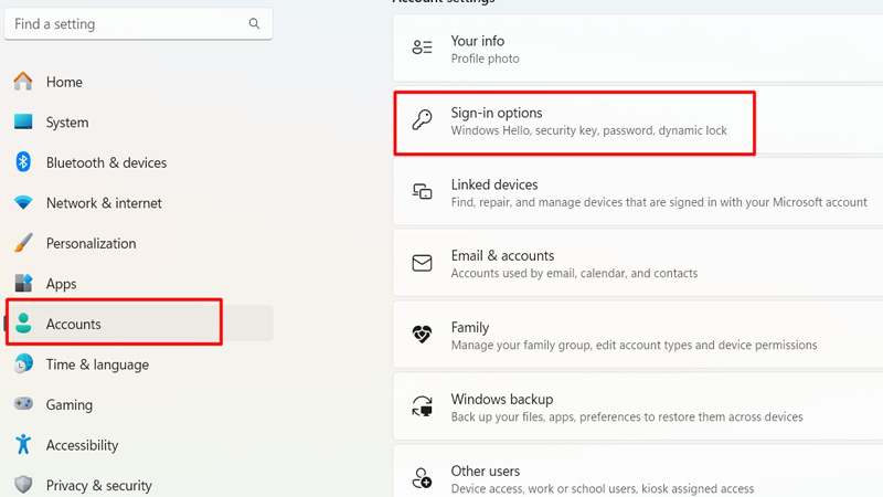 Truy cập vào mục Accounts rồi chọn mục Sign-in options Truy cập vào mục Accounts chọn Sign-in options