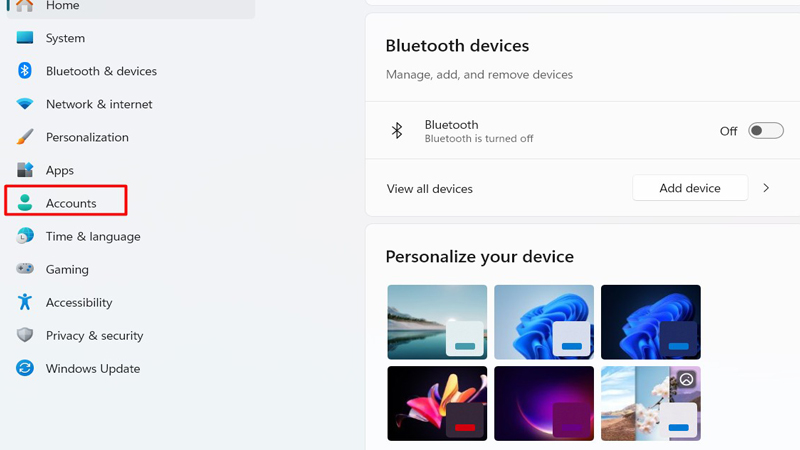Nhấp chuột vào phần Accounts Vào phần Accounts