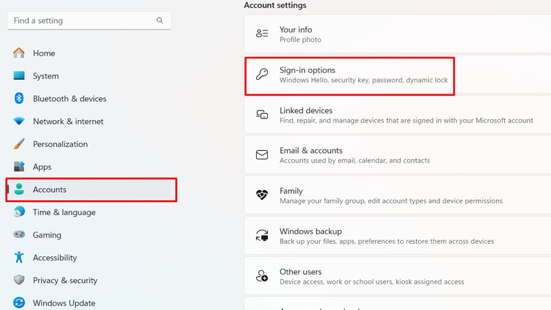 Vào phần Accounts rồi nhấp chuột chọn mục Sign-in options Vào phần Accounts chọn mục Sign-in options