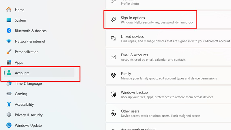 Chọn Accounts rồi bấm vào mục Sign-in options Chọn Accounts bấm vào mục Sign-in options