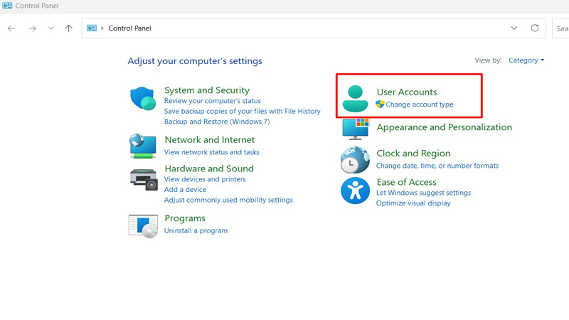 Nhấp chuột chọn mục User Accounts Chọn mục User Accounts