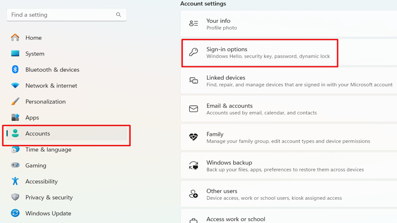 Chọn Accounts sau đó nhấp chuột chọn Sign-in options Chọn Accounts sau đó chọn Sign-in options