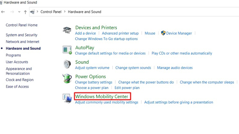 Chọn Windows Mobility Center