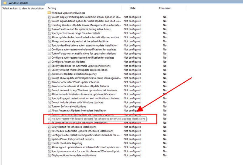 Chọn No auto-restart with logged on users for scheduled automatic updates installations Chọn No auto-restart with logged on users for scheduled automatic updates installations