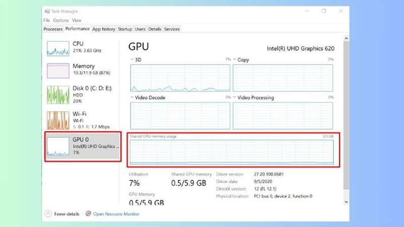 Nhấn chuột vào GPU để kiểm tra bộ nhớ Nhấn chuột vào GPU