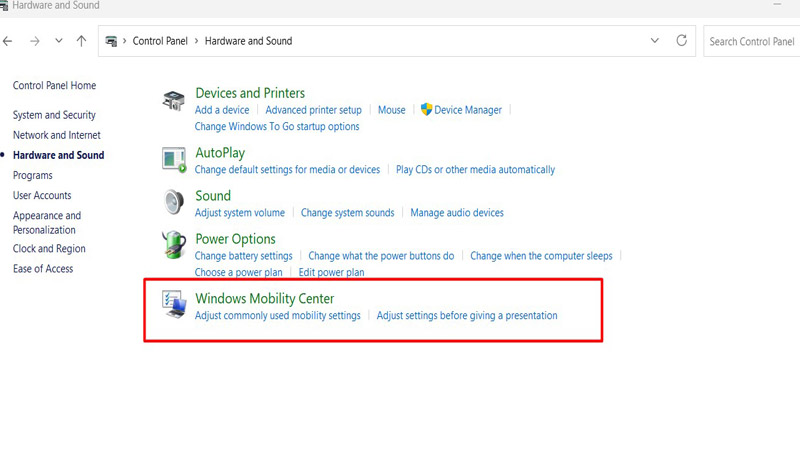 Nhấp chuột chọn vào Windows Mobility Center Chọn Windows Mobility Center