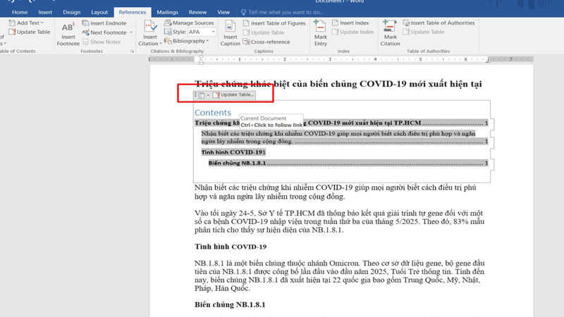 Chọn Update Table Chọn Update Table