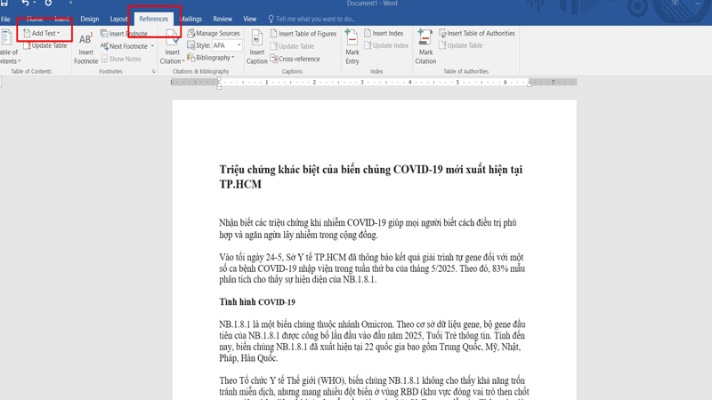 Bấm chọn thẻ References – sau đó chọn mục Add Text Bấm chọn thẻ References – sau đó chọn mục Add Text