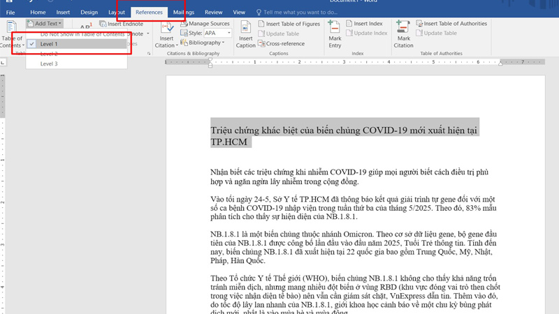 Chọn Level 1 cho các chương lớn của văn bản Chọn Level 1 cho các chương lớn của văn bản
