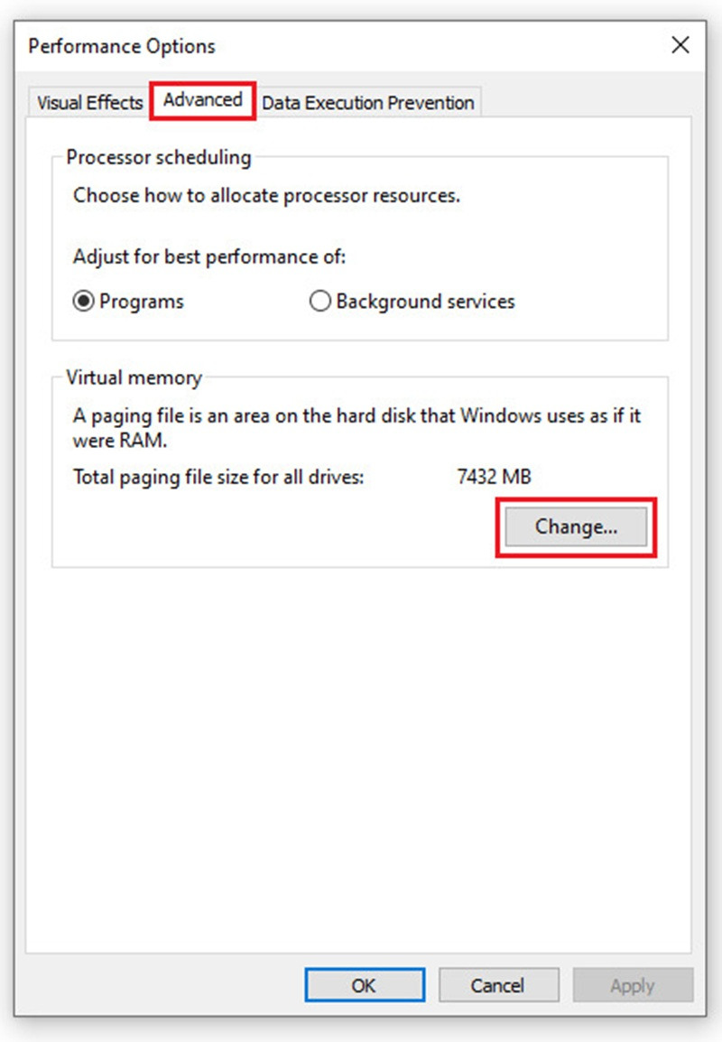 Nhấp chuột chọn tab Advanced rồi chọn mục Change Chọn tab Advanced rồi chọn mục Change